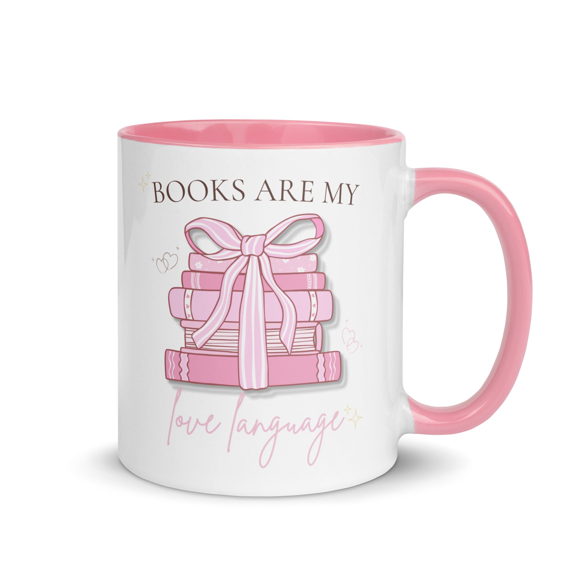 Pink interior book lover mug with “Books Are My Love Language” design