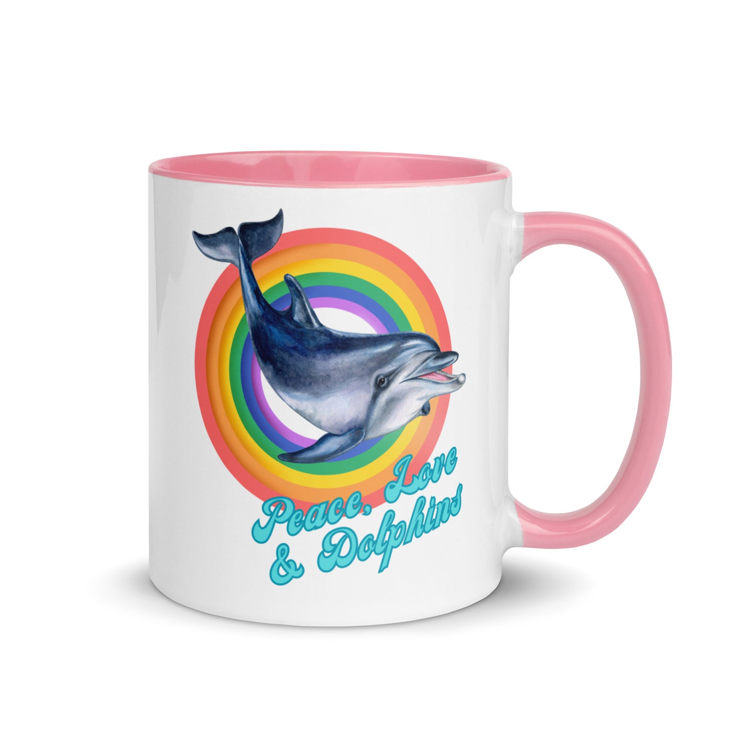 Peace, Love and Dolphins colour-inside mug