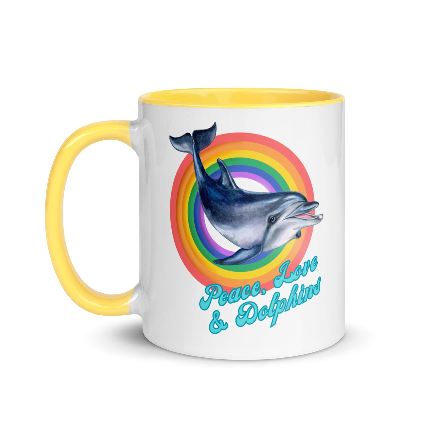 Peace, Love and Dolphins colour-inside mug