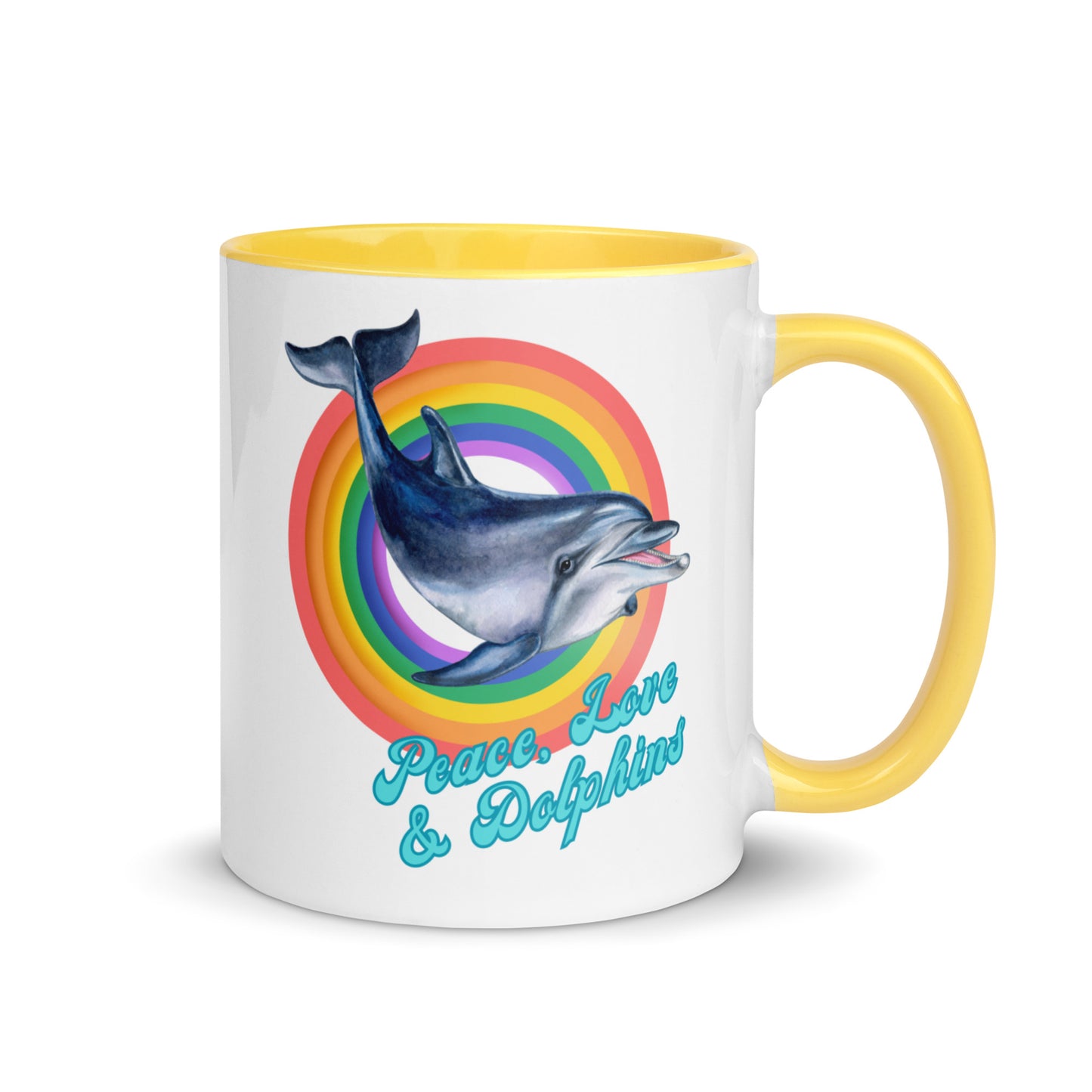 Peace, Love and Dolphins colour-inside mug