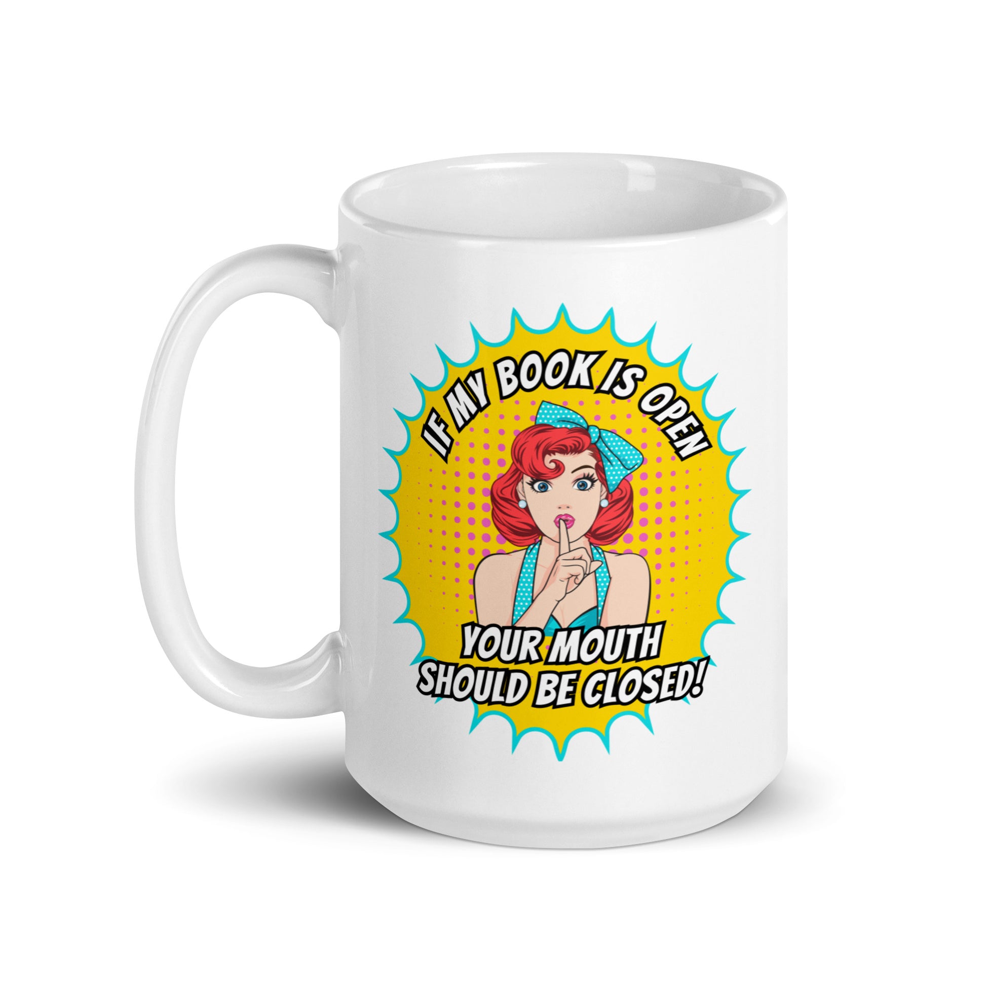 Reading mug with comic-style woman shushing – Not Just Aunties