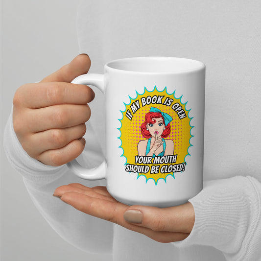 Funny book lover ceramic mug – retro pop-art design